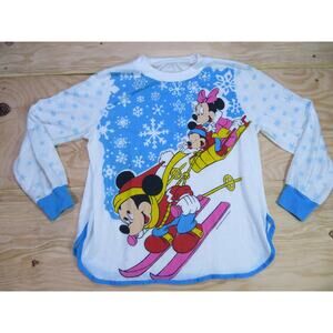 Mickey and Minnie Mouse Sled Skiing Snow Graphic Sleeper Shirt White 1980s